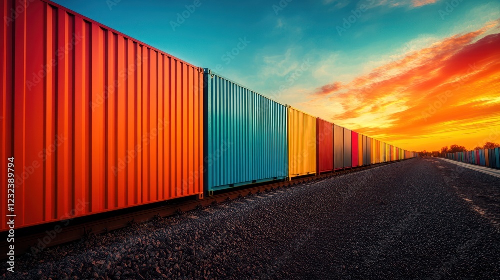 Fototapeta premium Vibrant Cargo Containers at Sunset: A Symphony of Colors on the Rail Tracks