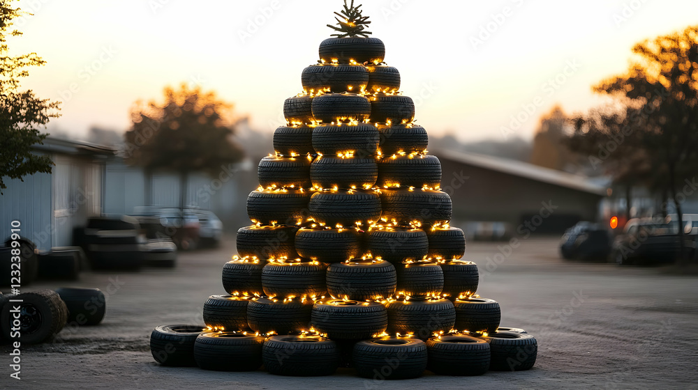 Obraz premium A Unique Christmas Tree Made of Tires and Lights Brightly Shines in the Evening