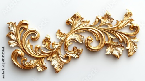 Intricate gold filigree swirl pattern resembling a growing vine with baroque-style scrollwork and leaf flourishes, set against a white background with dramatic lighting.