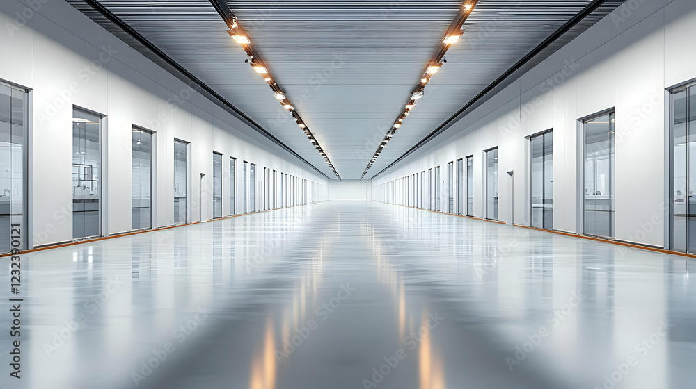 Fototapeta premium Long white corridor stretches with glass doors and warm lighting creates a modern ambiance.