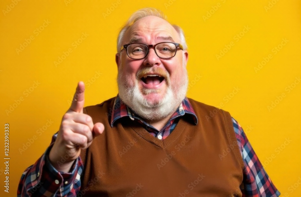 Fototapeta premium Portrait, eyes in focus, overweight excited elderly smiling man with glasses and big beard, pointing up, wearing a checkered shirt and a brown knitted vest. Yellow background with shadow
