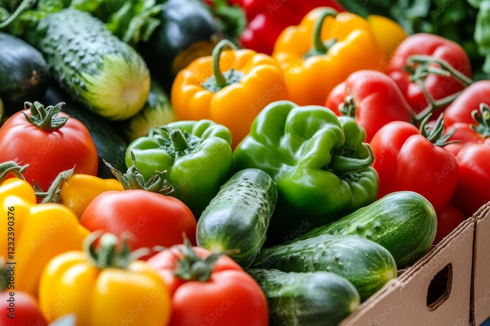 A garden brimming with ripe tomatoes, cucumbers, and bell peppers, ready for harvest A garden brimming with ripe tomatoes, cucumbers, and bell peppers, ready for harvest