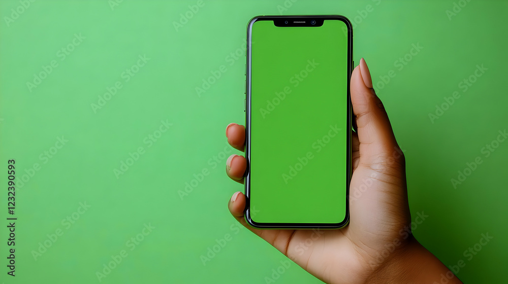 Hand Holding a Smartphone with a Green Screen Against a Green Background Hand Holding a Smartphone with a Green Screen Against a Green Background