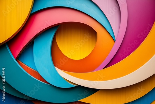 A geometric design of concentric circles, with one circle in a bold, vibrant color as the primary focus