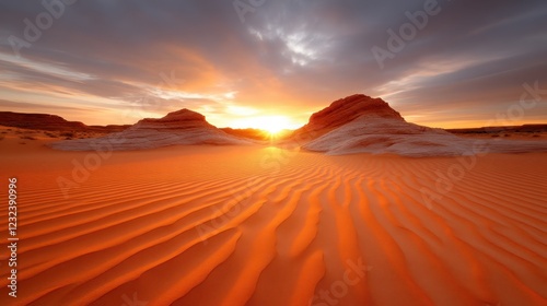 This stunning image captures a golden sunset illuminating a serene desert landscape, showcasing unique rock formations amidst the expansive sandy terrain.
