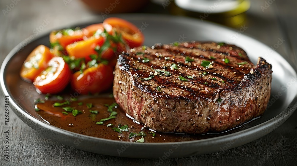 Grilled steak served with fresh cherry tomatoes and herbs on a rustic wooden table Grilled steak served with fresh cherry tomatoes and herbs on a rustic wooden table