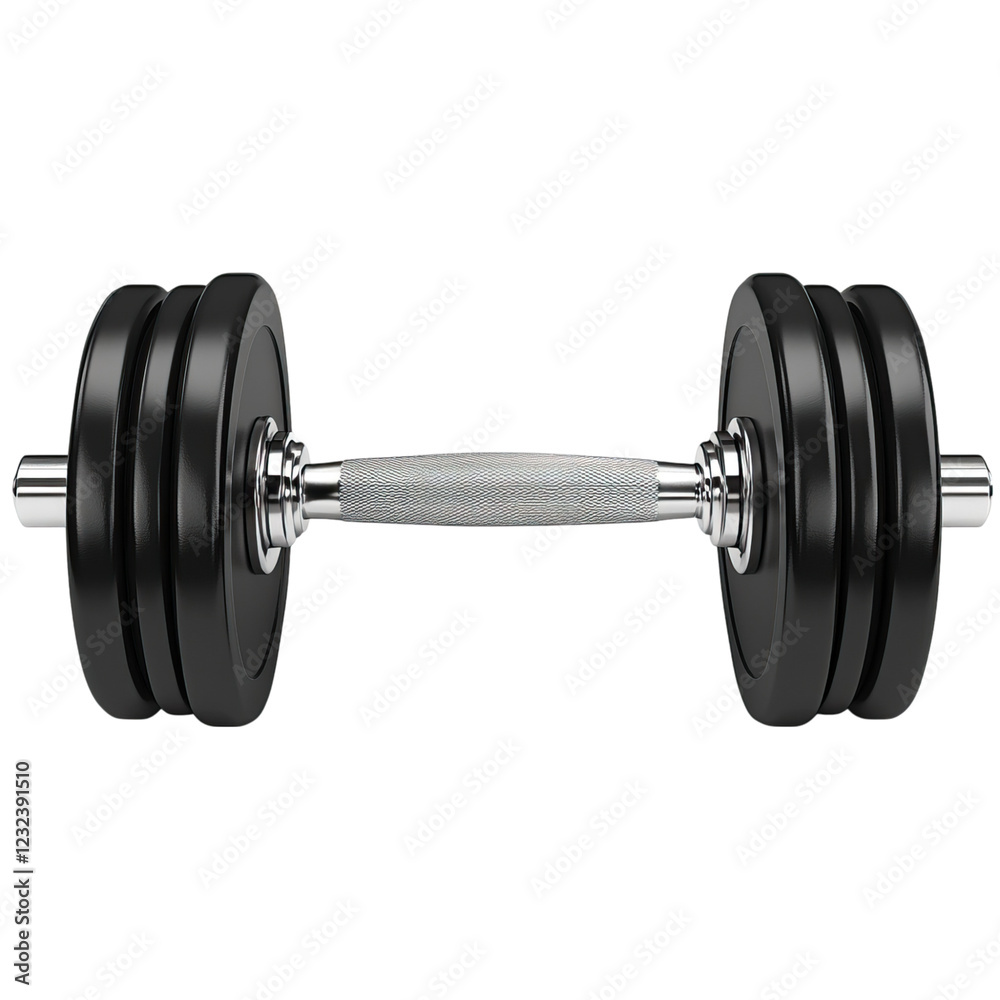 Naklejka premium Black and chrome dumbbell with textured grip handles and weight plates on both sides