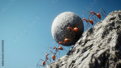 Ants carrying a rock up a mountain, teamwork, strength, nature photo