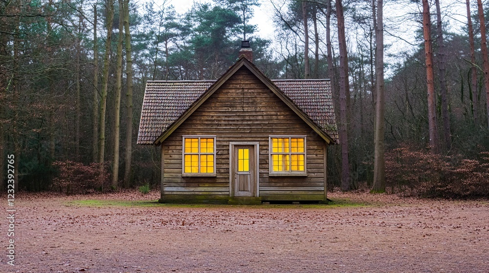 Illuminated cabin, forest twilight, autumn leaves, secluded Illuminated cabin, forest twilight, autumn leaves, secluded