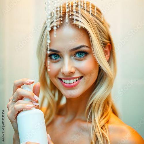 Obraz na płótnie portrait of beautiful young blonde woman under shower smiling, using cosmetics, skin care, people background w salonie