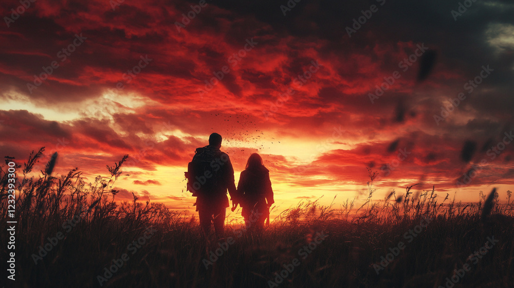 Fototapeta premium Silhouette Couple Holding Hands Romantic Sunset Dramatic Sky Field Nature red love grass birds image