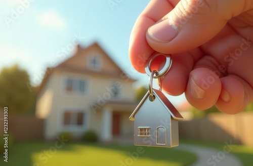 Hand holding house keys with new home in the background