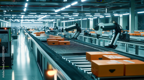 Robotic arms working on conveyor belt in modern factory