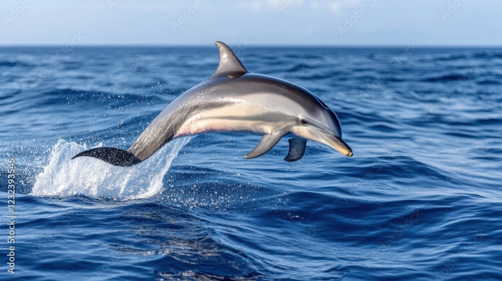 Fototapeta premium A dolphin breaching high above the waves, creating a perfect water arc