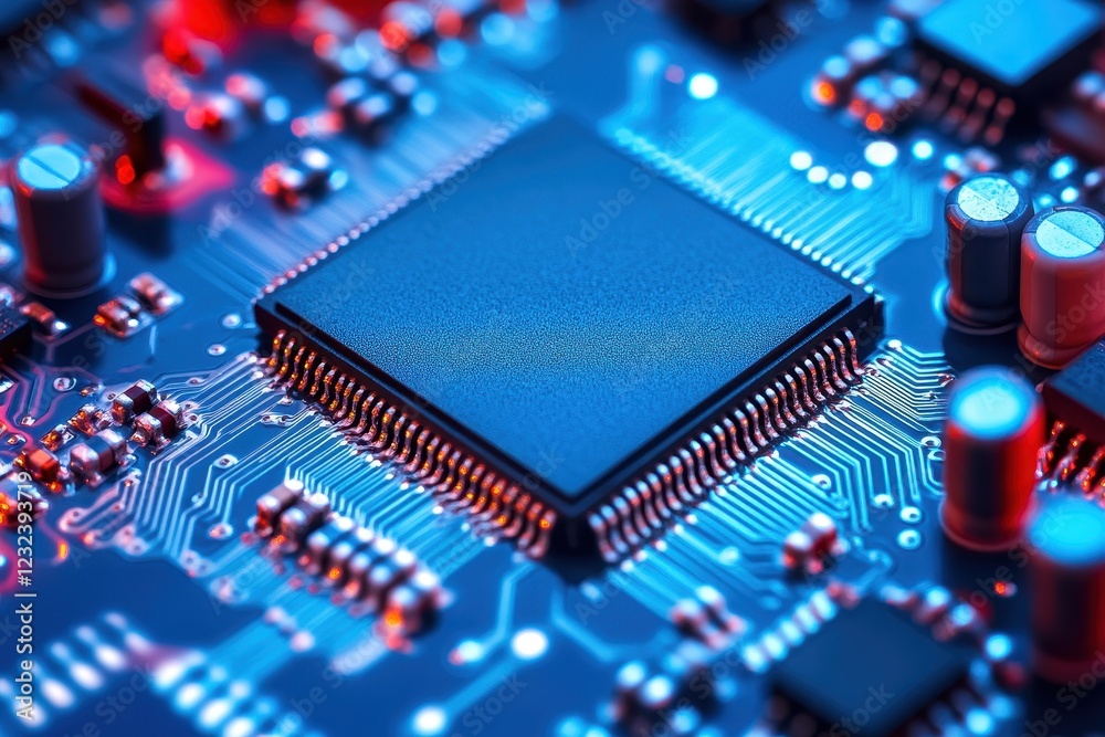 Obraz premium Close-Up View of a Microchip on a Circuit Board with Vibrant Colors