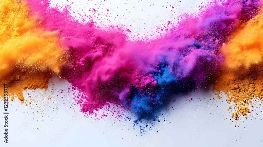 Obraz premium Colorful powder explodes creating a vibrant abstract design with dynamic hues and textures on a white background