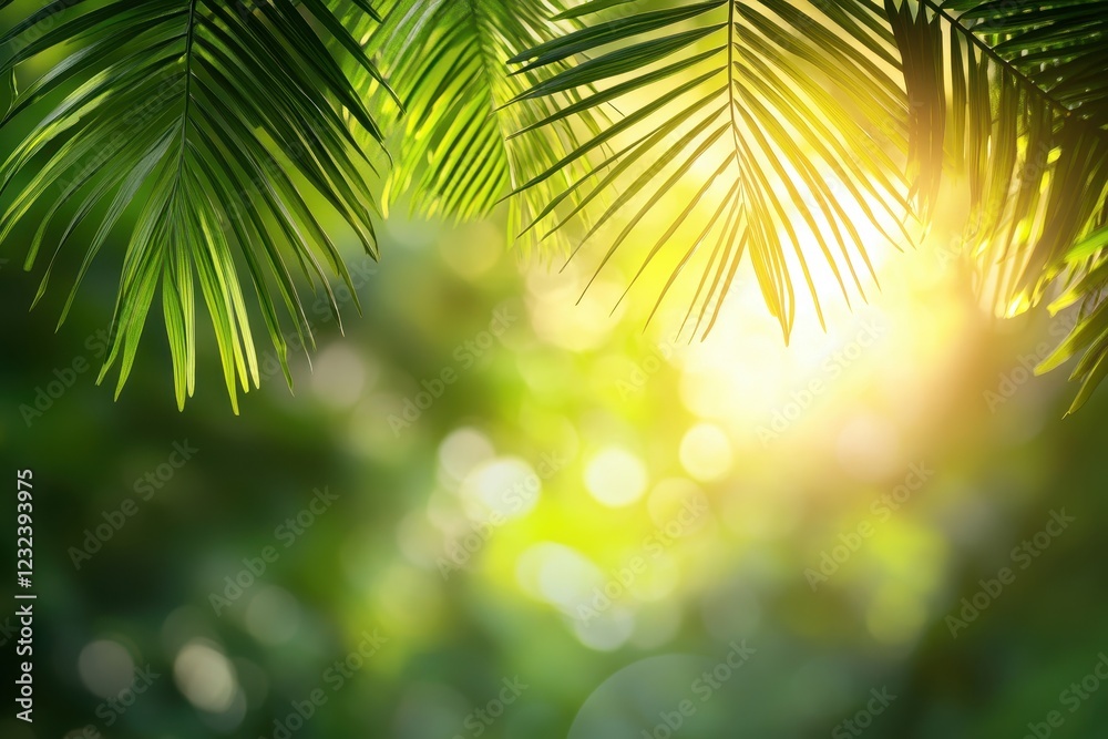 Fototapeta premium Bright Sunlight Through Lush Green Palm Leaves in Tropical Forest