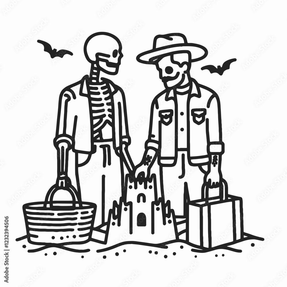 Two skeletons build a sandcastle at the beach, surrounded by bats, blending Halloween and summer vibes in a whimsical illustration. Two skeletons build a sandcastle at the beach, surrounded by bats, blending Halloween and summer vibes in a whimsical illustration.