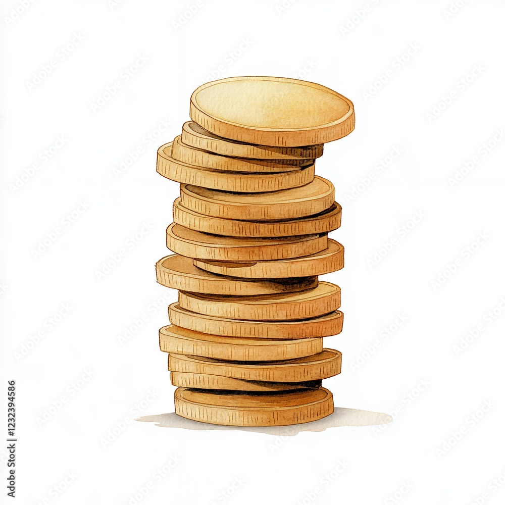 A watercolor painting of a tall stack of golden coins, leaning slightly, with a subtle shadow cast beneath. The coins are meticulo A watercolor painting of a tall stack of golden coins, leaning slightly, with a subtle shadow cast beneath. The coins are meticulo