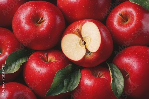 A lush orchard with trees heavy with ripe apples, their bright red fruit shining under the sunlight