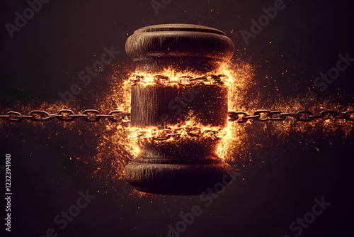 A dramatic conceptual image featuring a burning judge gavel, chained, against a dark backdrop, symbolizing justice, constraint, and the weight of law photo