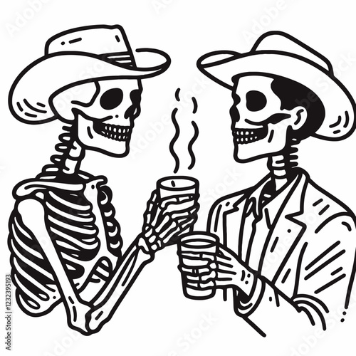 Two skeletons in cowboy hats clink cups, celebrating with a warm drink in a playful, festive atmosphere.