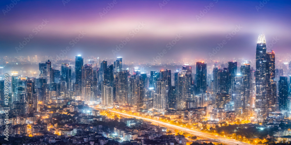 Obraz premium Night City Skyline with Fog and Light Trails.