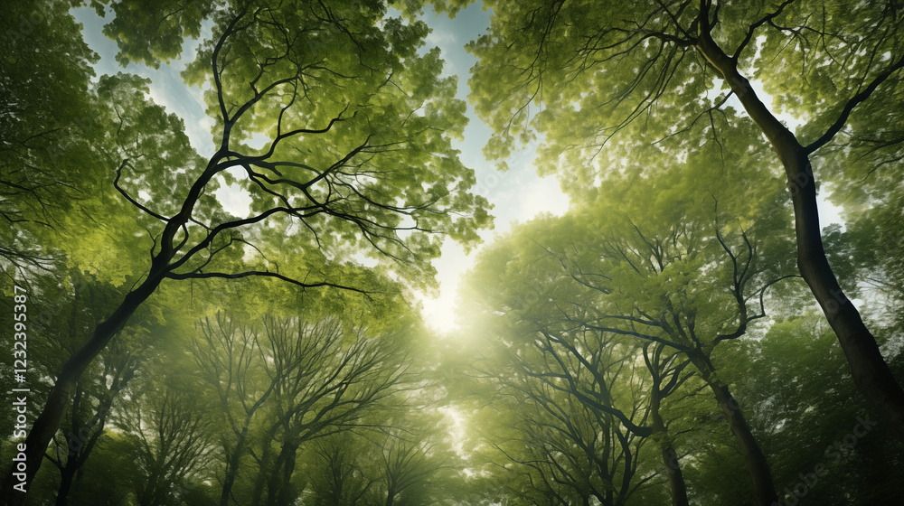 Obraz premium green trees low angle sunlight filtering through canopy misty atmosphere nature landscape