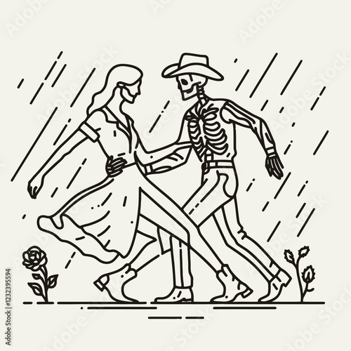 A whimsical illustration of a skeleton dancing with a woman in the rain, surrounded by flowers, blending themes of life and death.