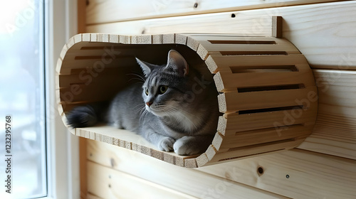 Gray Cat Relaxes in Wooden ...