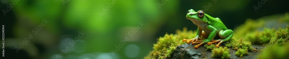 Green frog on a mossy rock, eyes fixed on something unseen , fairytale, solitude, amphibian Green frog on a mossy rock, eyes fixed on something unseen , fairytale, solitude, amphibian