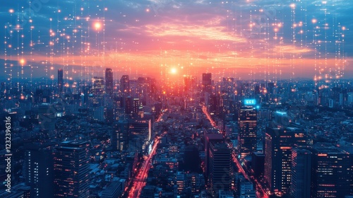 Futuristic Cityscape 2025 Tech Hub at Sunset