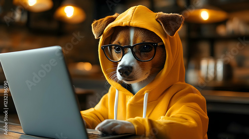 Smart Dog in Hoodie Works o...
