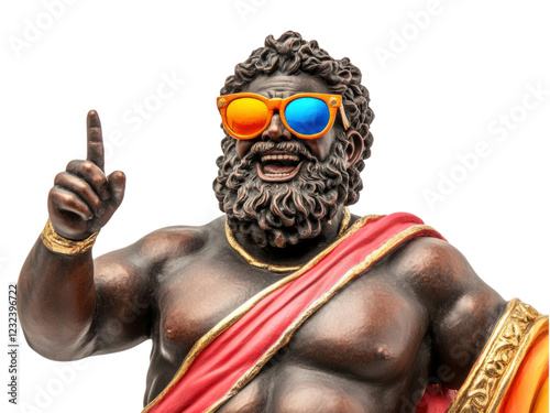 Black stone statue of Zeus wear colorful sunglasses, pointing index finge photo