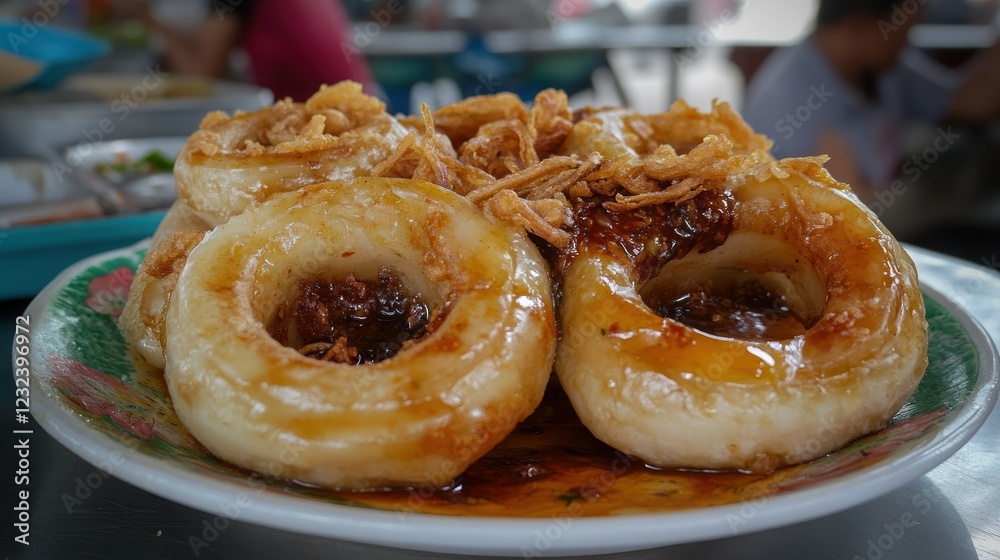 Delicious Fried Taro Donuts with Sweet Sauce and Crispy Onions Delicious Fried Taro Donuts with Sweet Sauce and Crispy Onions
