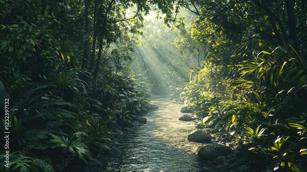 Fototapeta premium A tranquil jungle trail with dappled sunlight filtering through.