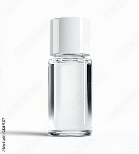 Clear glass bottle with white cap, isolated on white background.