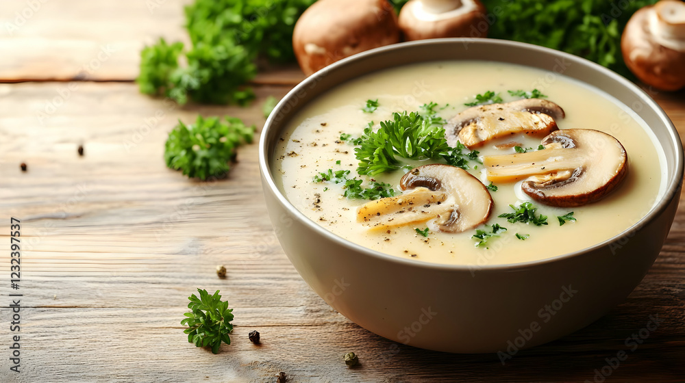 Creamy Mushroom Soup with Fresh Parsley and Pepper on Rustic Wooden Table Creamy Mushroom Soup with Fresh Parsley and Pepper on Rustic Wooden Table