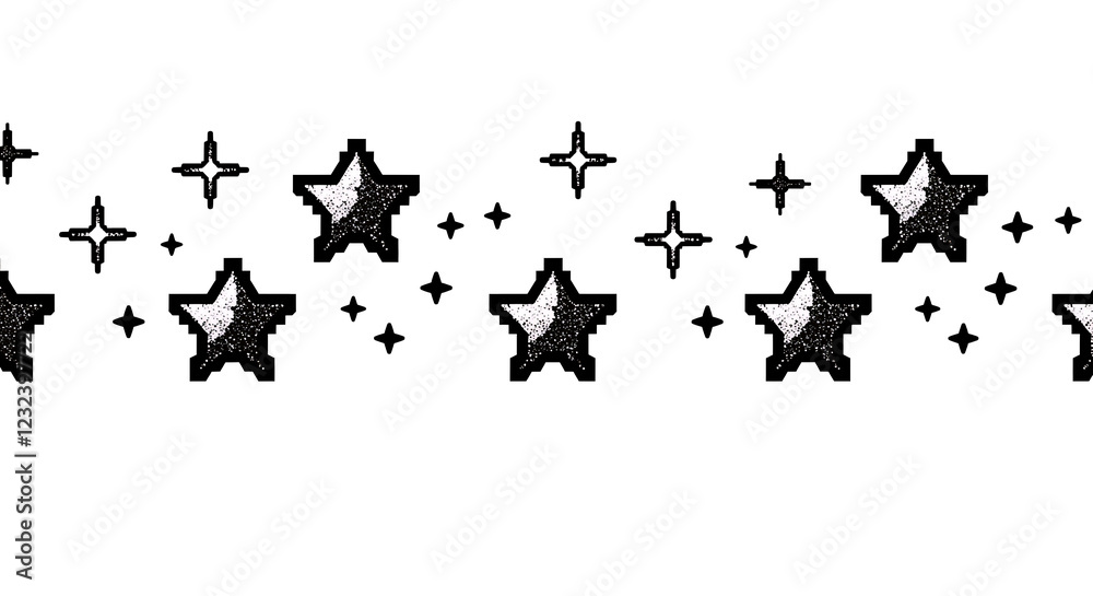 Fototapeta premium Pixel sparkling stars seamless border. Trendy modern retro 90s 8bit game style glitter graphic element for branding, packaging, prints. Vector illustration isolated on transparent background