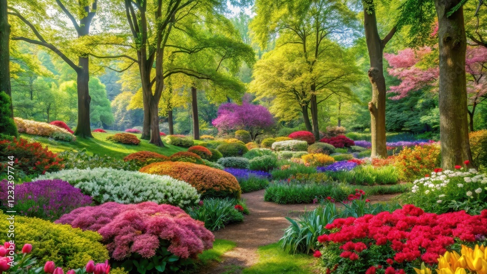 Fototapeta premium Dense foliage and vibrant green trees surround a carpet of colorful flowers in full bloom during springtime , nature scenery, tree bark