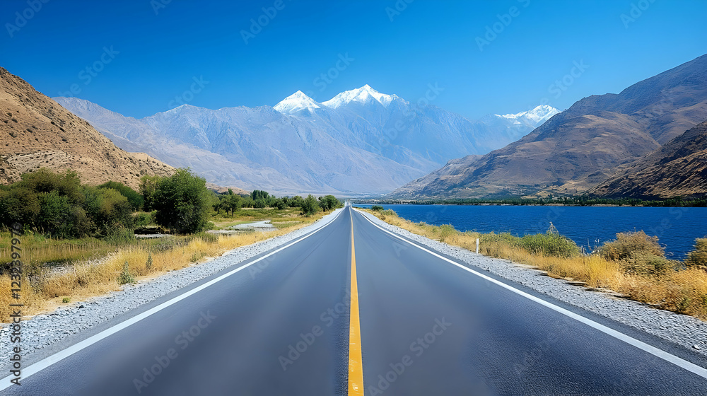 Fototapeta premium Open Road Leads to Majestic Snow-Capped Mountains and Serene Lake Under Blue Sky