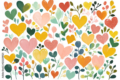 Wallpaper Mural A delicate hand-drawn watercolor background featuring soft hearts, leaves, and branches, creating a romantic and natural atmosphere, perfect for expressing love and warmth Torontodigital.ca