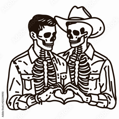 Wallpaper Mural Two skeletons in western attire create a heart shape with their hands, symbolizing love and connection in a playful, artistic style. Torontodigital.ca