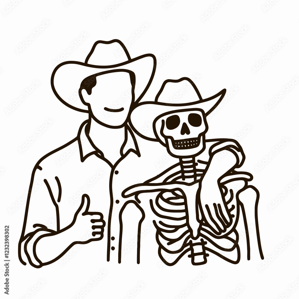Fototapeta premium A playful illustration of a cowboy giving a thumbs-up alongside a skeleton, both wearing hats, showcasing a humorous friendship.
