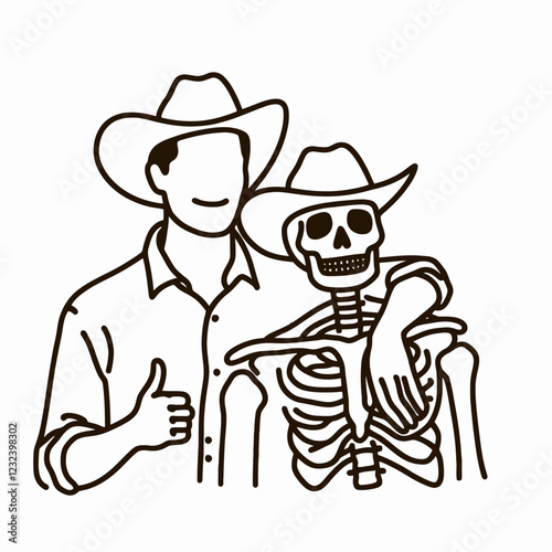 A playful illustration of a cowboy giving a thumbs-up alongside a skeleton, both wearing hats, showcasing a humorous friendship.