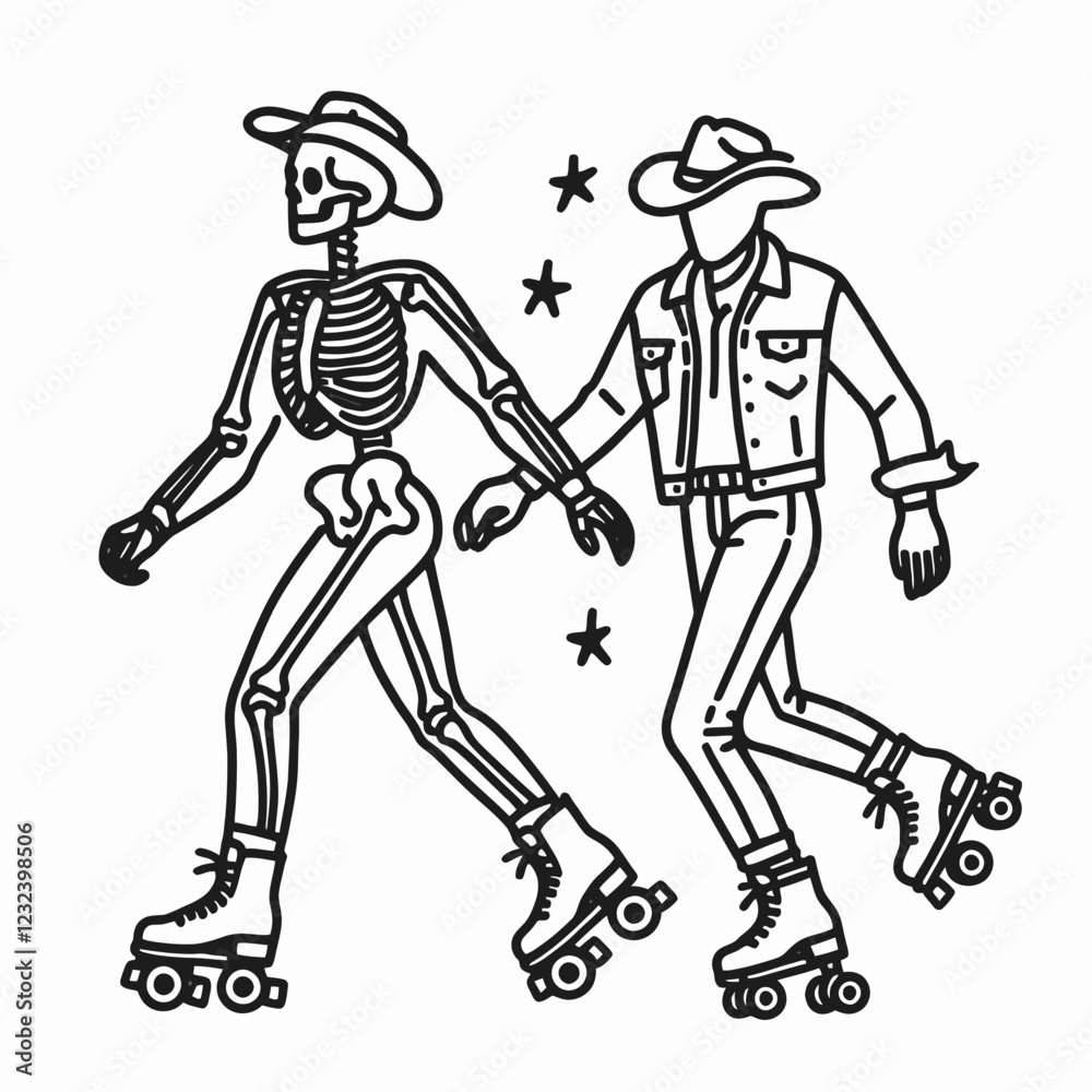 A whimsical illustration featuring a skeleton and a cowboy rolling together on skates, blending fun and creativity. A whimsical illustration featuring a skeleton and a cowboy rolling together on skates, blending fun and creativity.