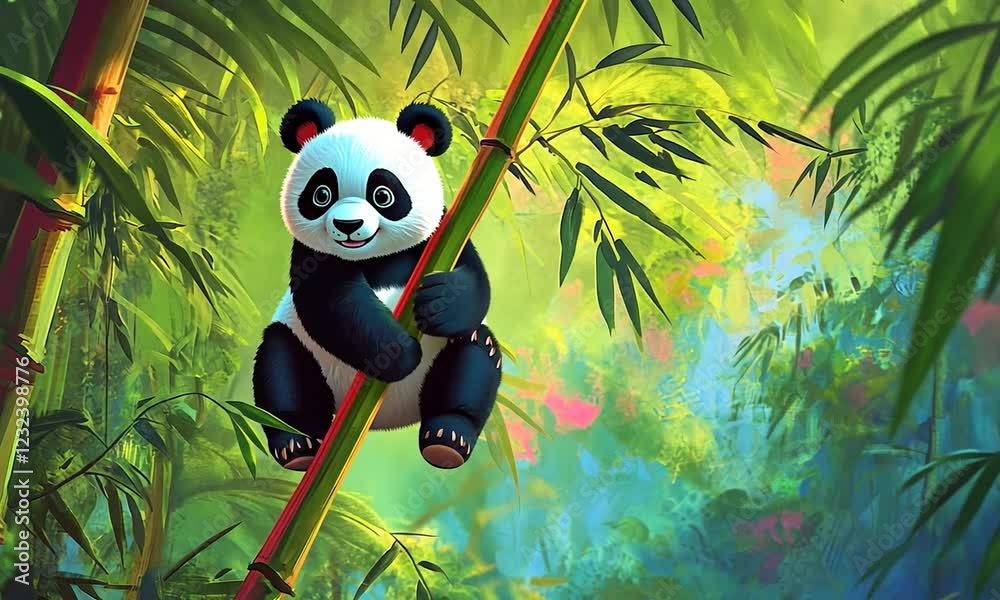 Playful panda climbing bamboo in a vibrant forest scene