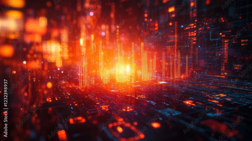 Fototapeta premium Glowing Cityscape Abstract Financial Technology Background