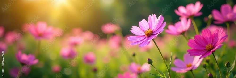 Cosmos flowers in full bloom, soft sunlight, tranquil garden setting , wildflower, spring Cosmos flowers in full bloom, soft sunlight, tranquil garden setting , wildflower, spring