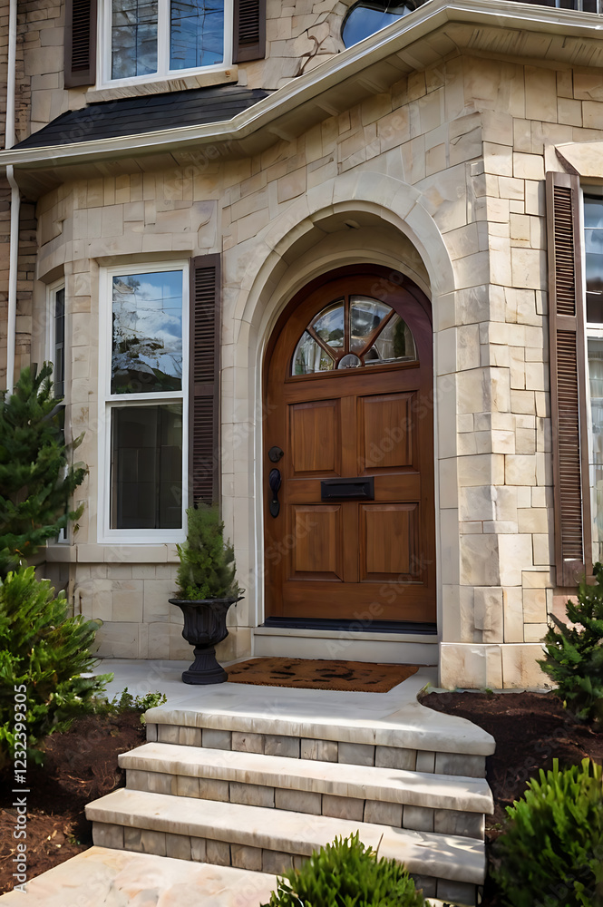 Elegant Stone House Entrance with Arched Wooden Door and Landscaping Elegant Stone House Entrance with Arched Wooden Door and Landscaping